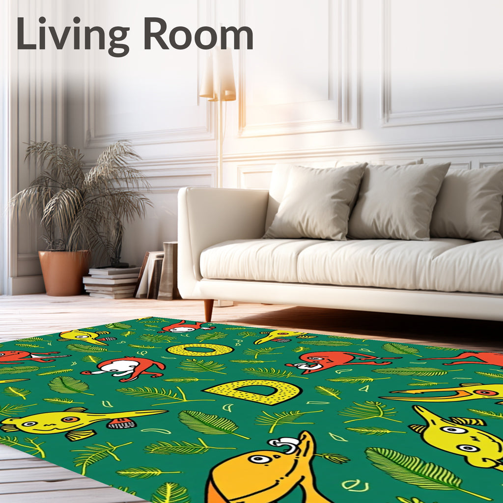 Green Yellow Red Doodle Creatures Ferns Rug