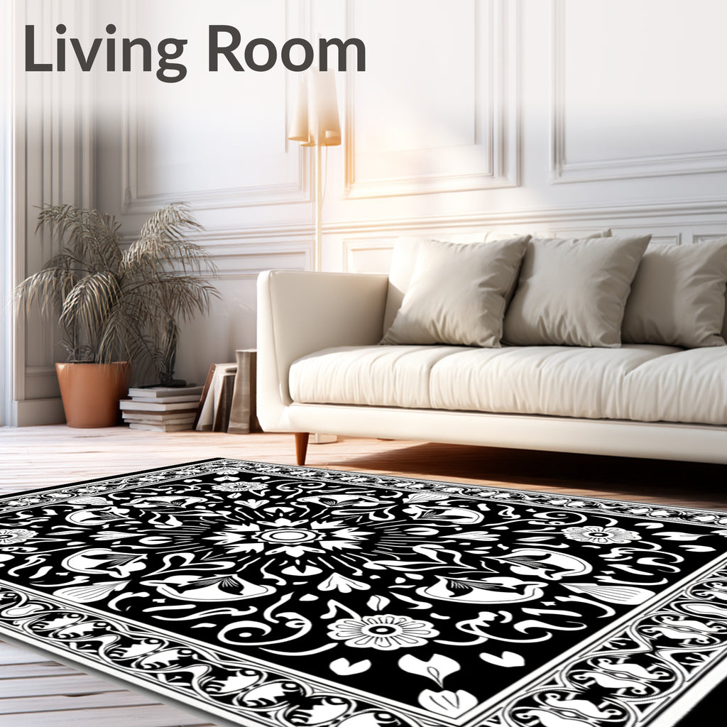 Noir White Botanical Border Garland Rug