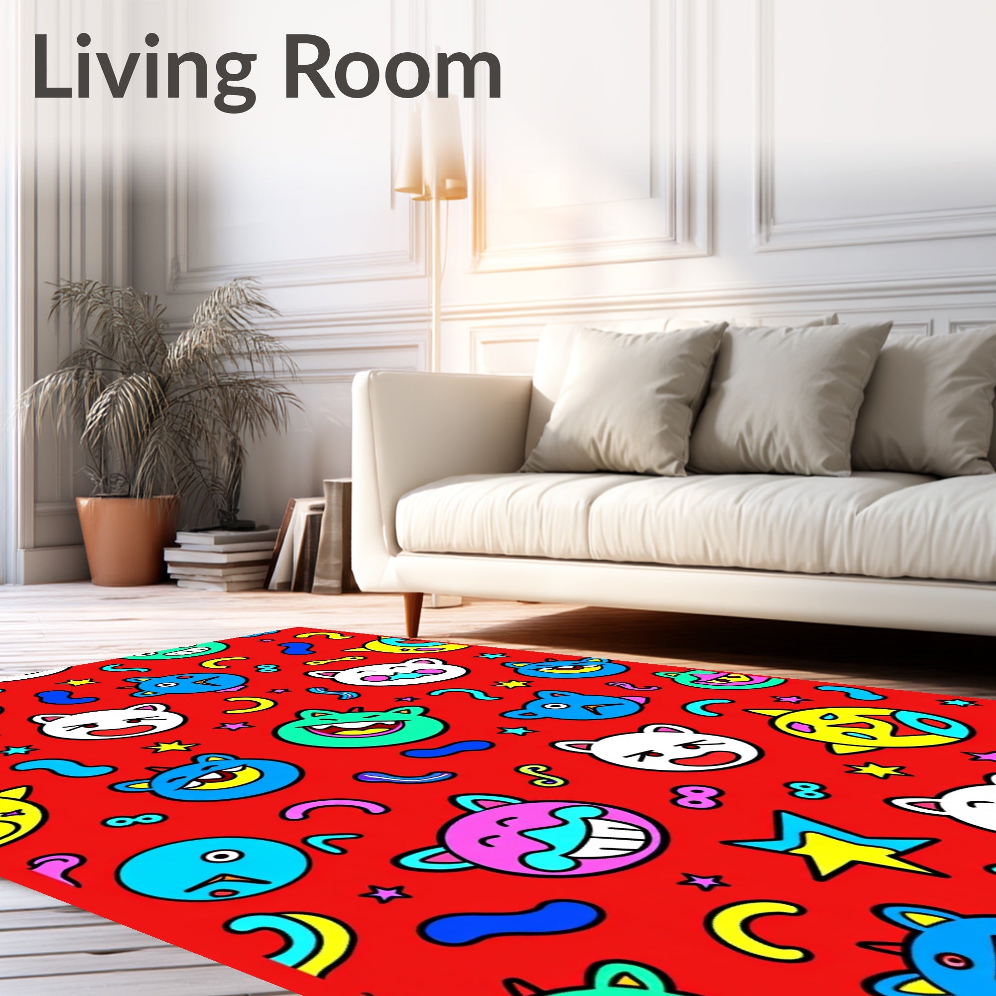 Bright Red Cheerful Monster Collage Rug