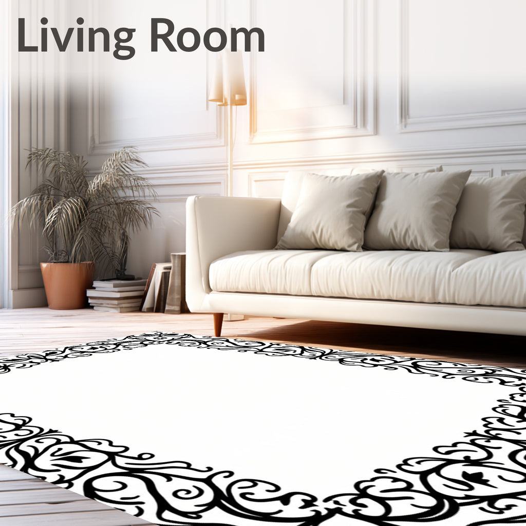 Black Floral Scrollwork Frame Rug