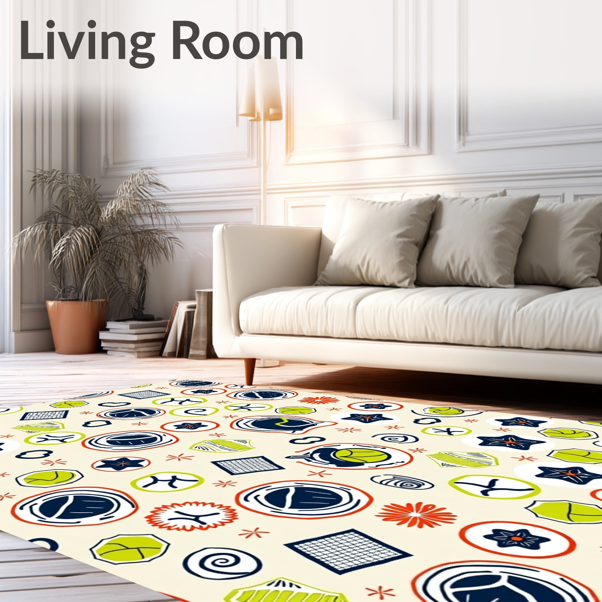 Whimsical Navy Green Red Shapes Rug