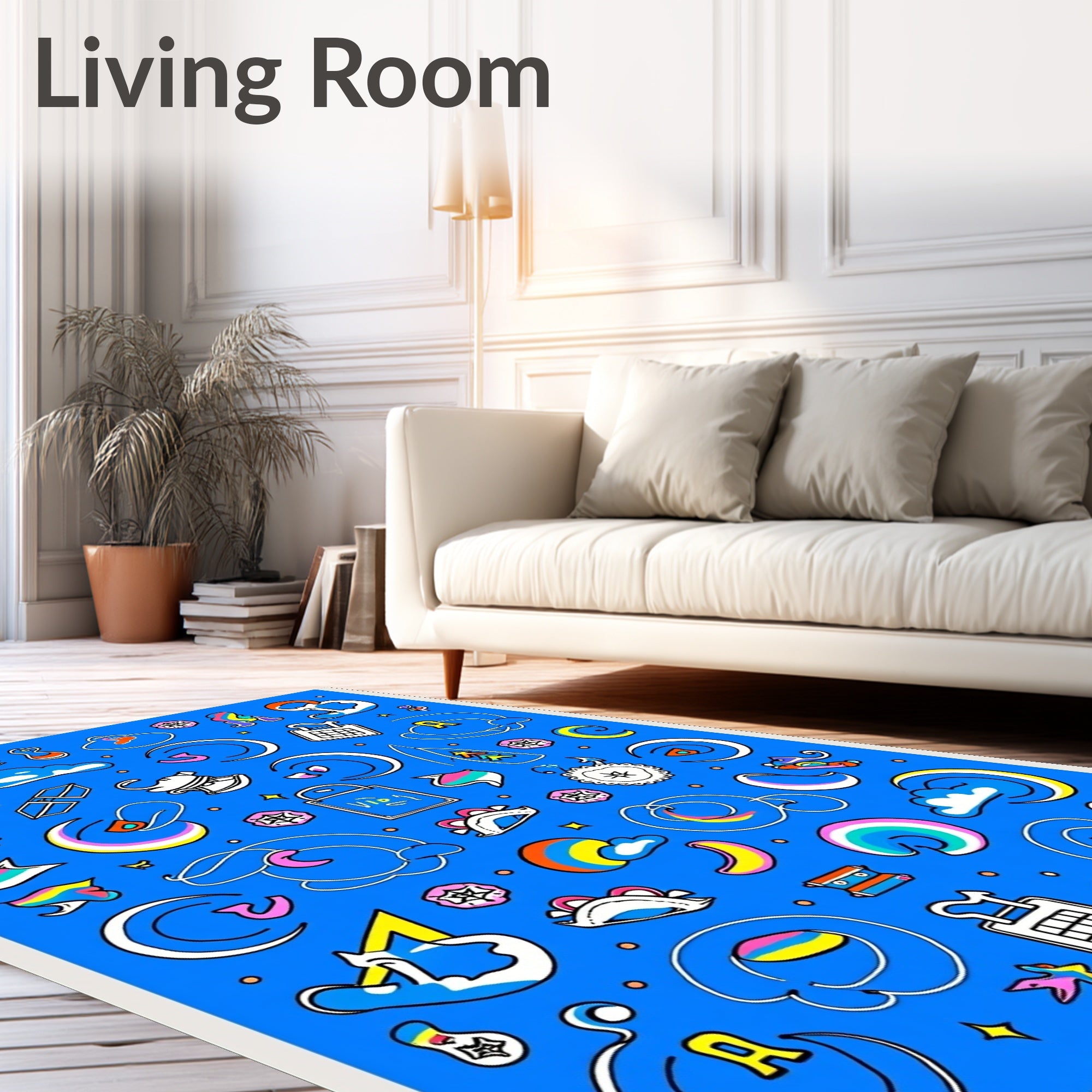 Whimsical Rainbow Cloud Moon Collage Rug
