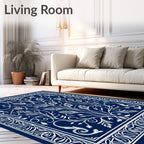 Deep Blue White Floral Tree Border Rug