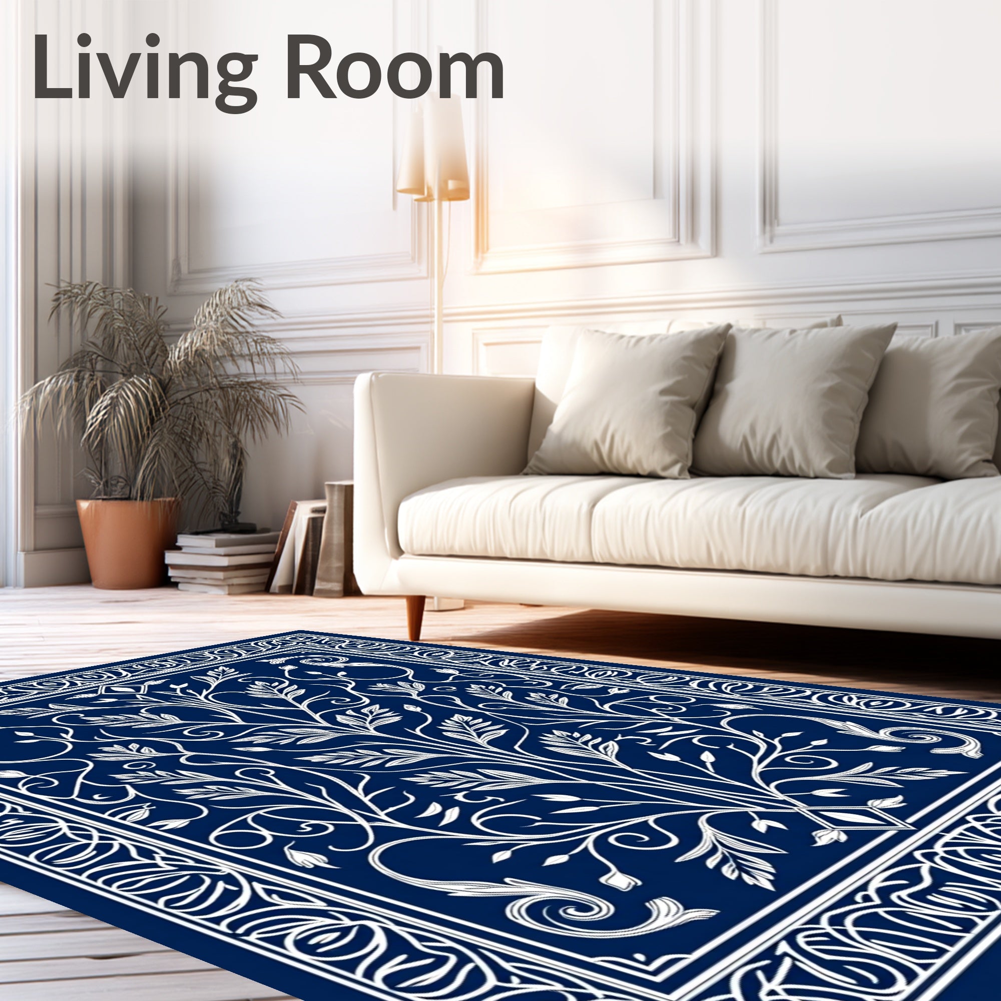Deep Blue White Floral Tree Border Rug