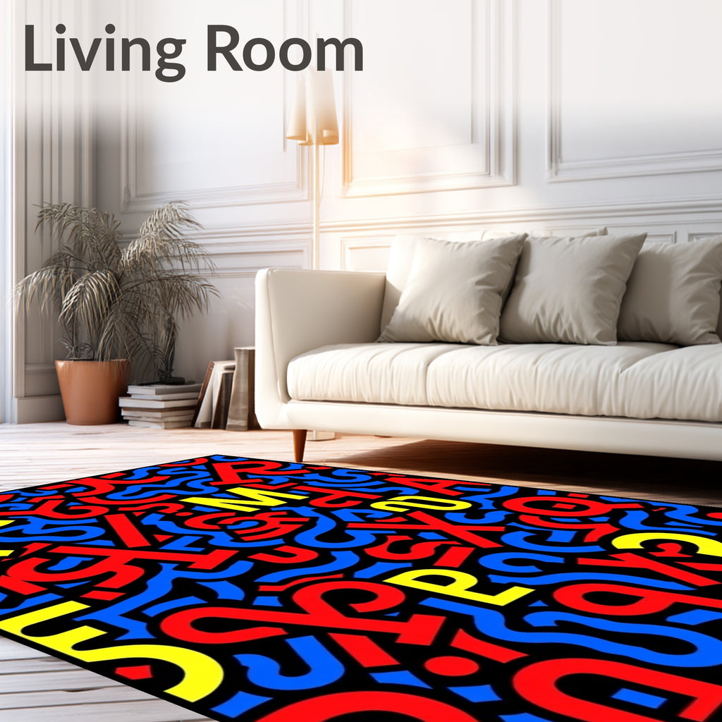 Bold Red Blue Yellow Alphabet Collage Rug