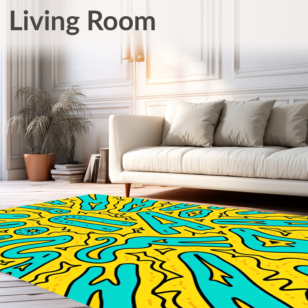 Bright Yellow Teal Abstract Figures Rug