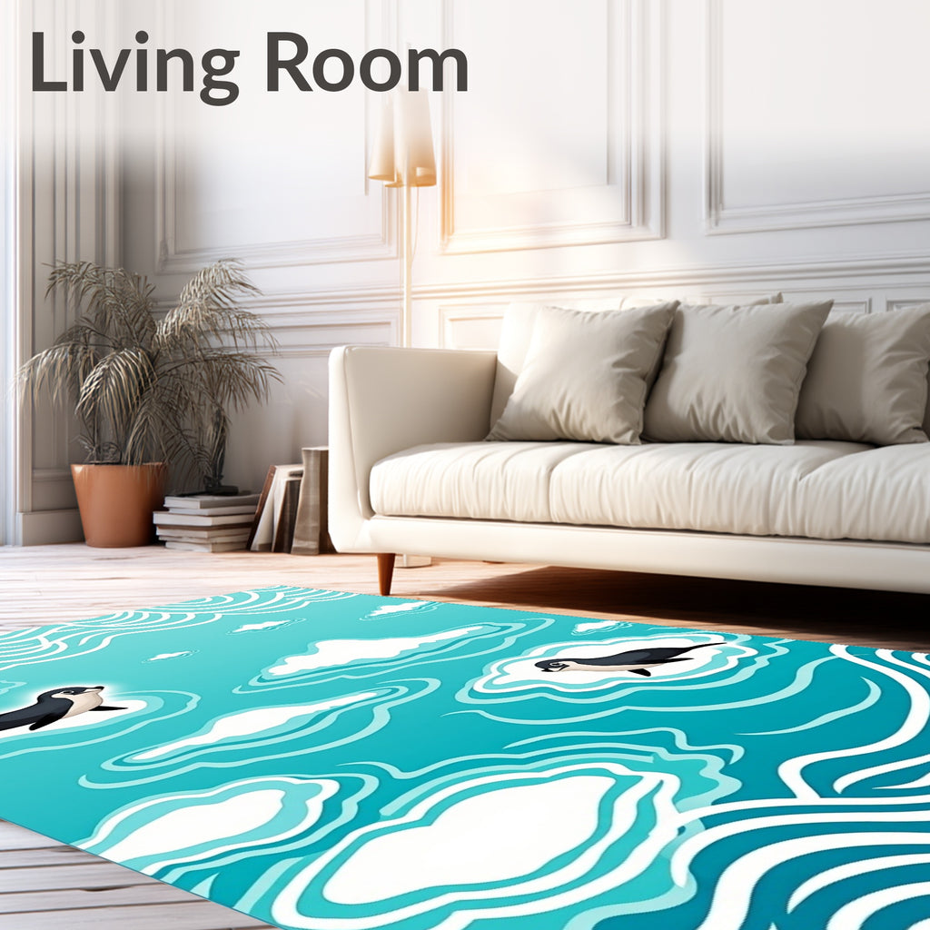 Whimsical seals swimming through aqua waves Rug