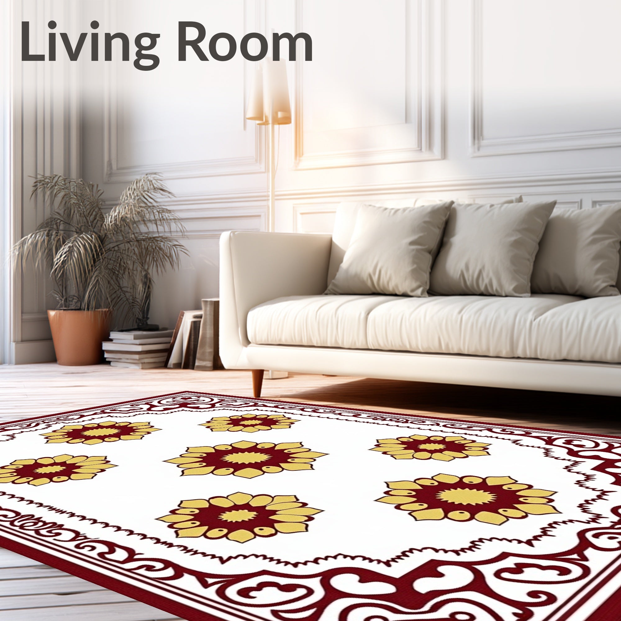 Deep Red Floral Blooms Border Rug