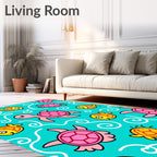 Pink Sea Turtle Yellow Fish Swirls Teal Rug