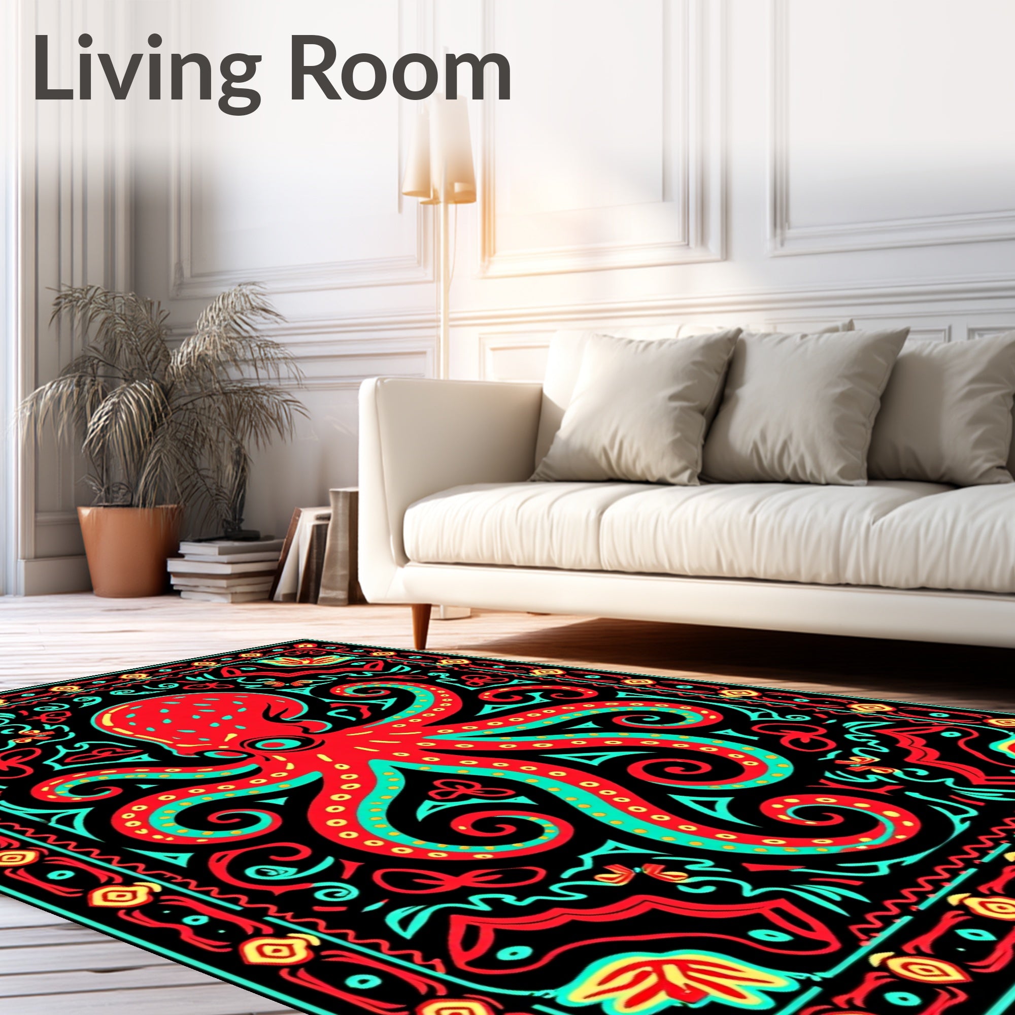 Bold Red Octopus Tribal Border Rug
