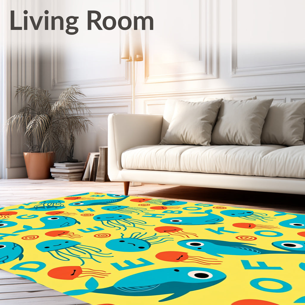 Whimsical Blue Whales and Jellyfish Alphabet Rug