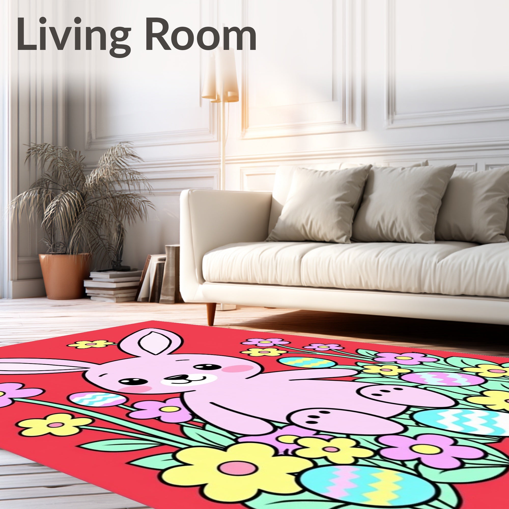 Pink Bunny Amongst Bright Easter Eggs Rug