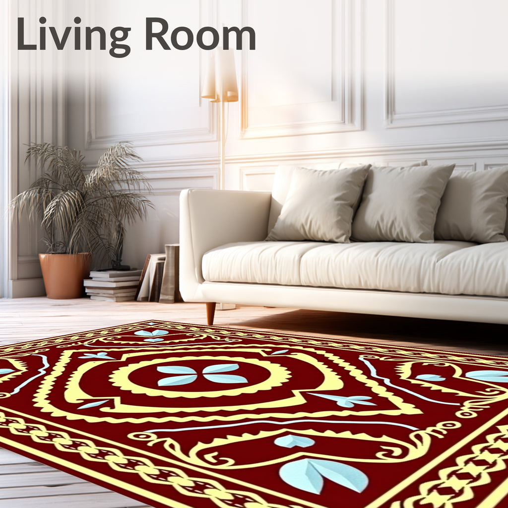 Crimson Yellow Light Blue Floral Medallion Rug