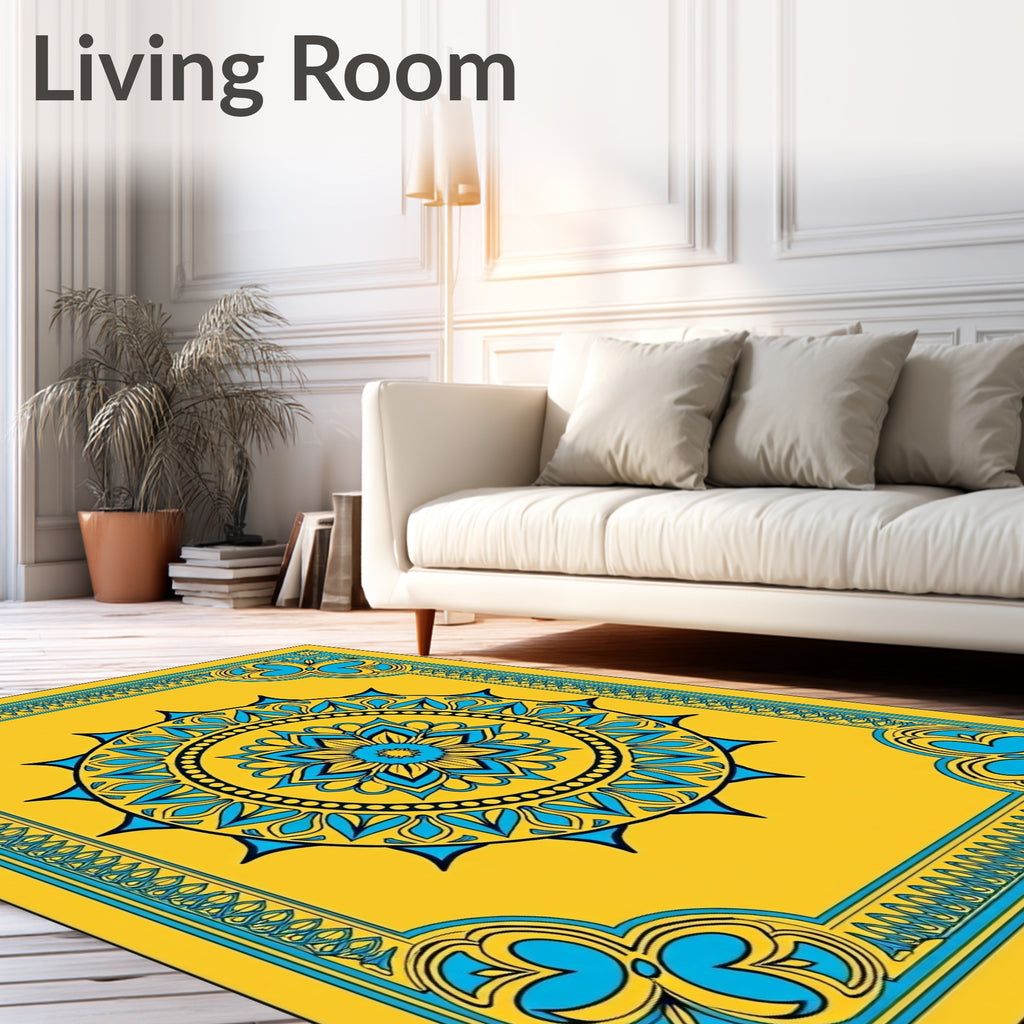 Golden Blue Sunburst Mandala BorderRug Rug