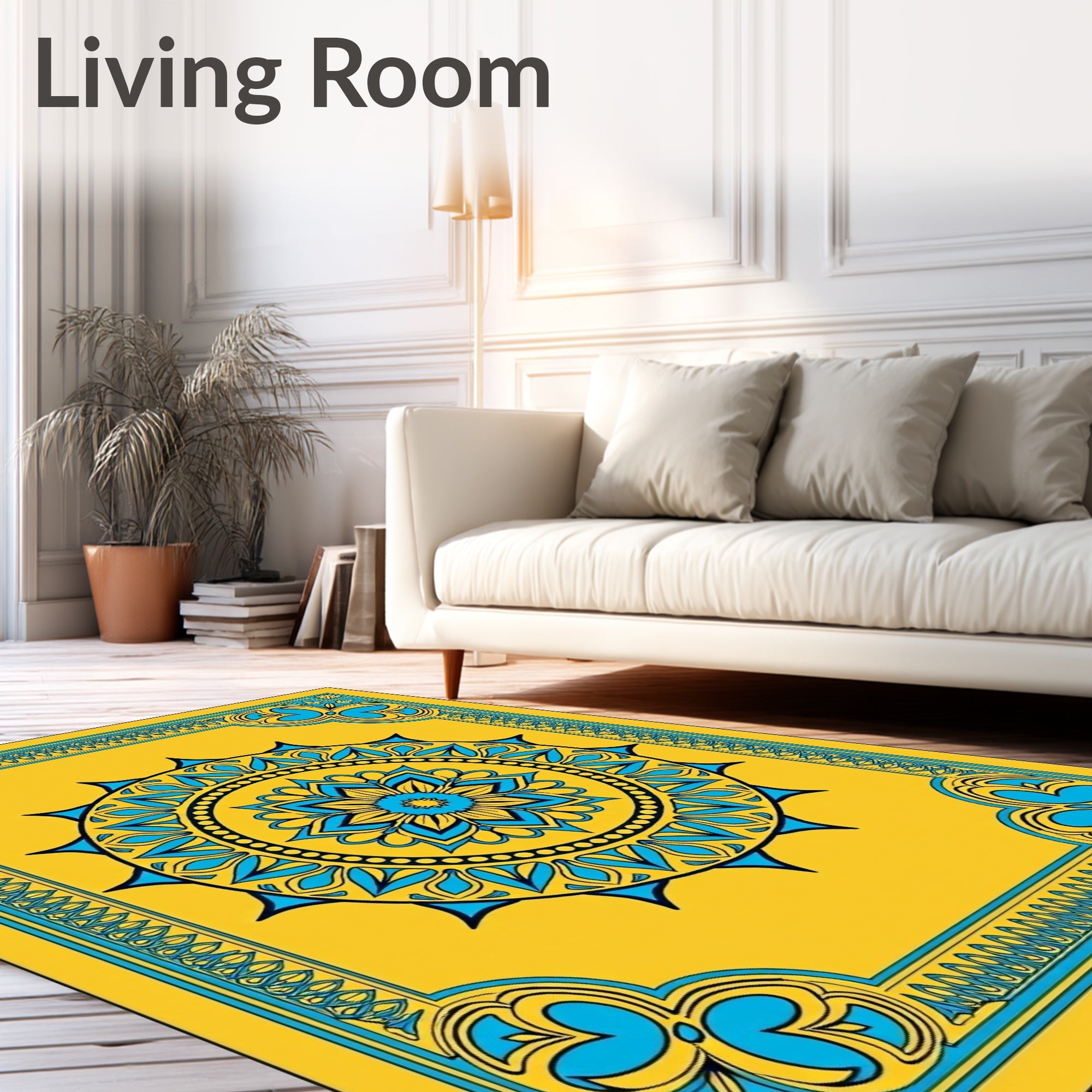Golden Blue Sunburst Mandala BorderRug Rug