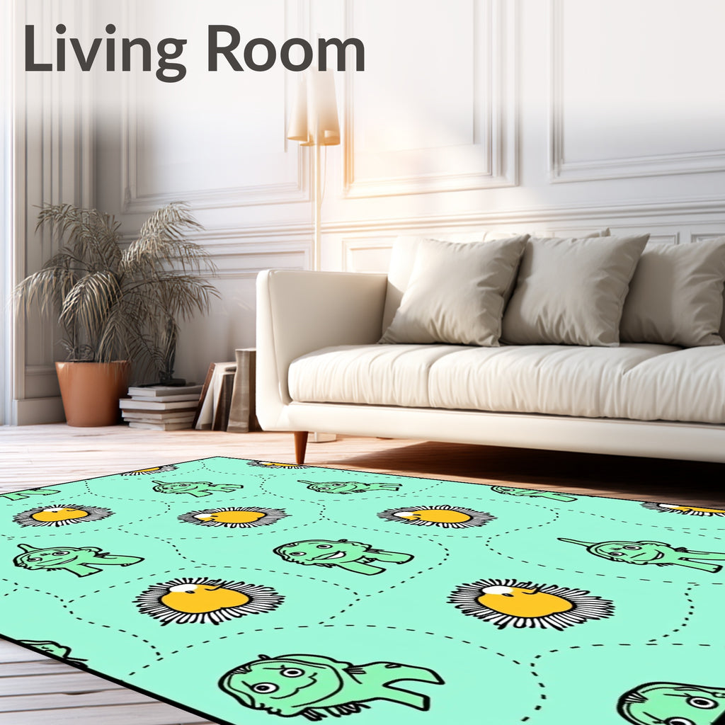 Whimsical Green Creatures Yellow Blooms Rug