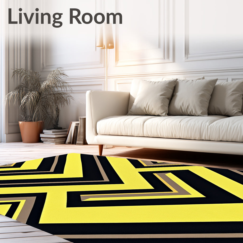 Bold Yellow Black Linear Geometric Rug