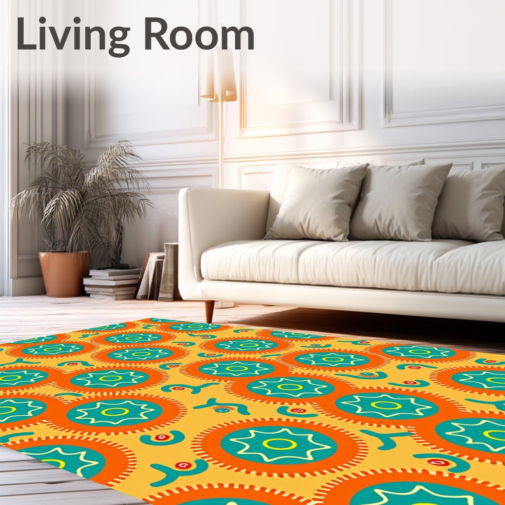 Vibrant Orange Teal Sunburst Medallion Rug