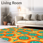 Vibrant Orange Teal Sunburst Medallion Rug