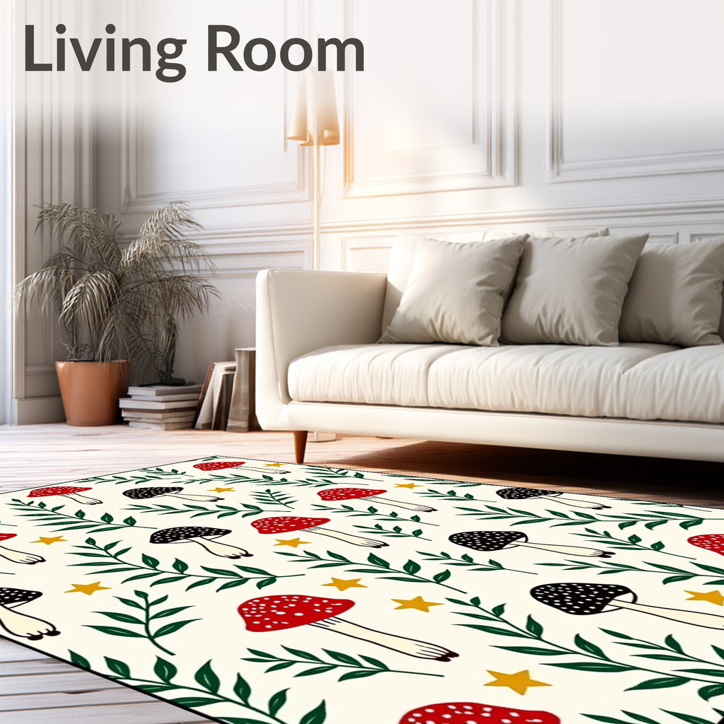 Whimsical Red Black Mushroom Garden Stars Rug