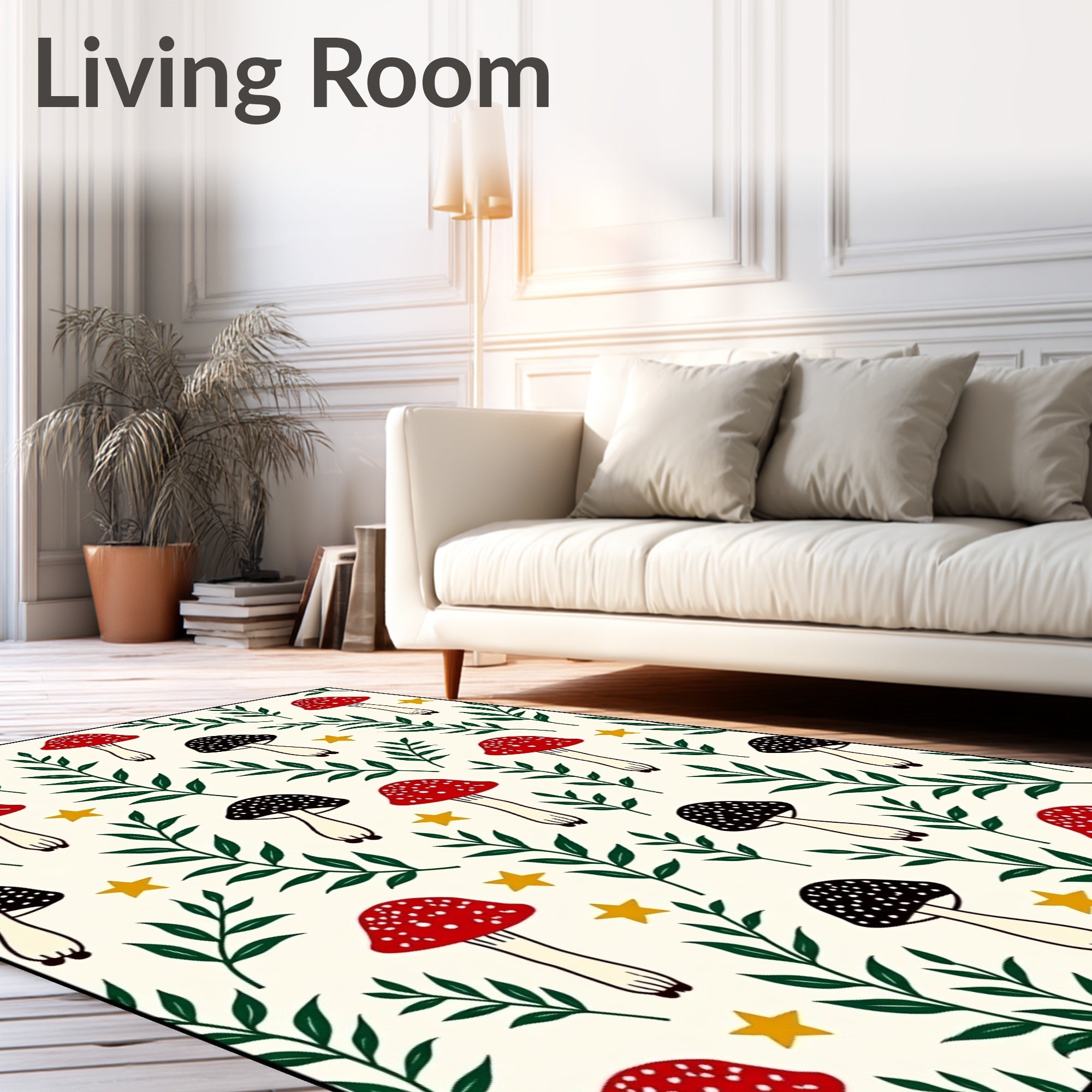 Whimsical Red Black Mushroom Garden Stars Rug