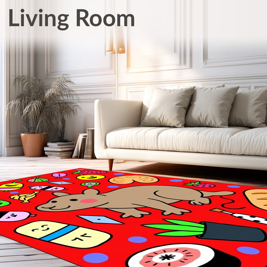 Playful Cartoon Critters and Food Medley Rug