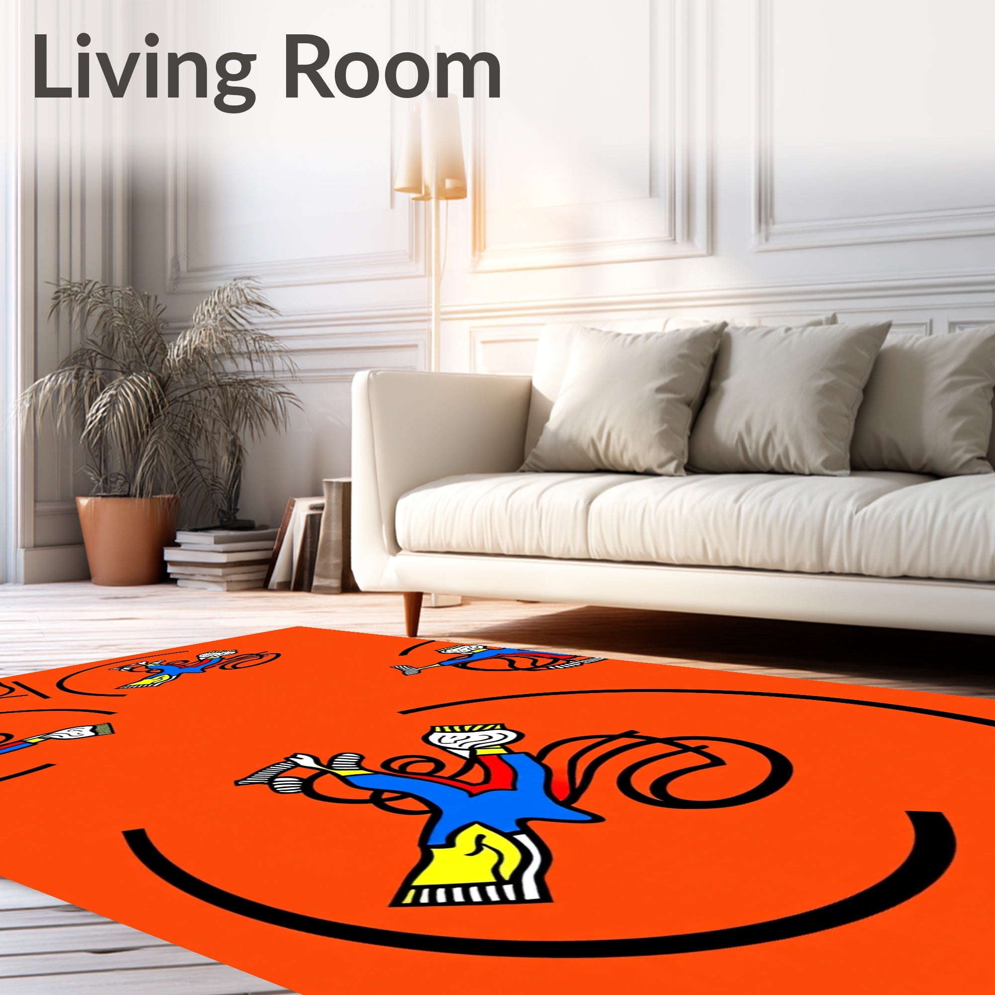 Playful Orange Blue Flying Figures Rug