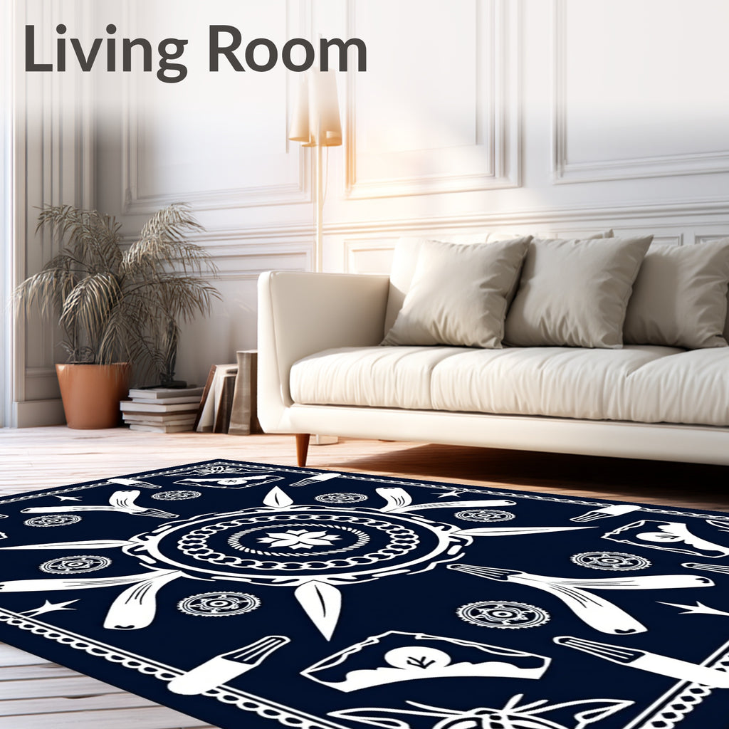 Navy White Blossom Medallion Rug
