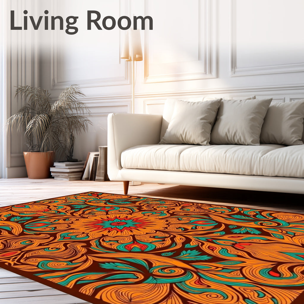 Orange Teal Floral Mandala Rug