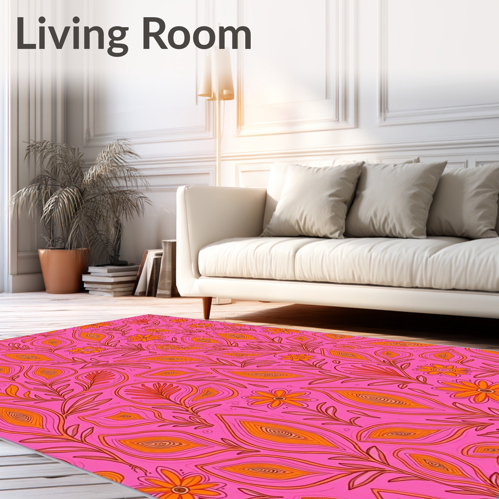 Pink Orange Floral Organic Line Art Rug