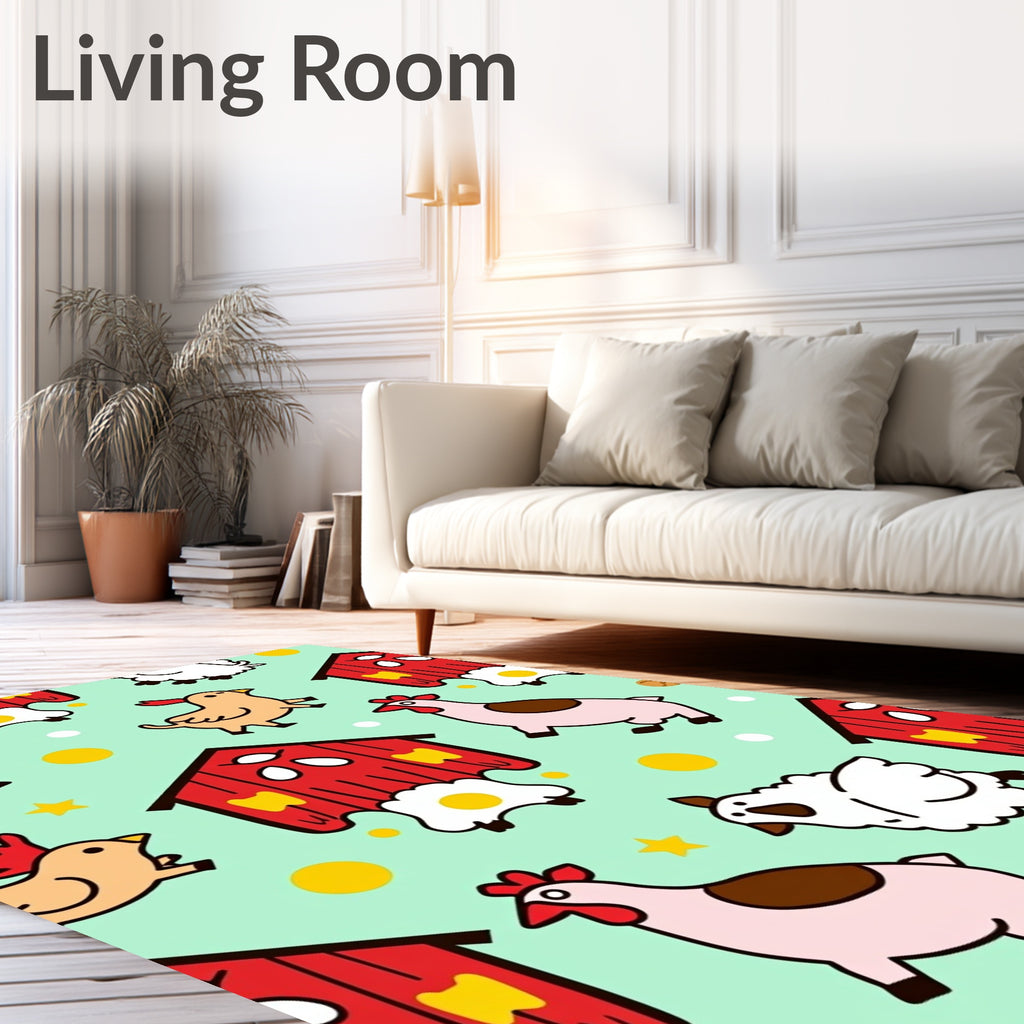 Farm Animals Red Barn Mint Background Rug