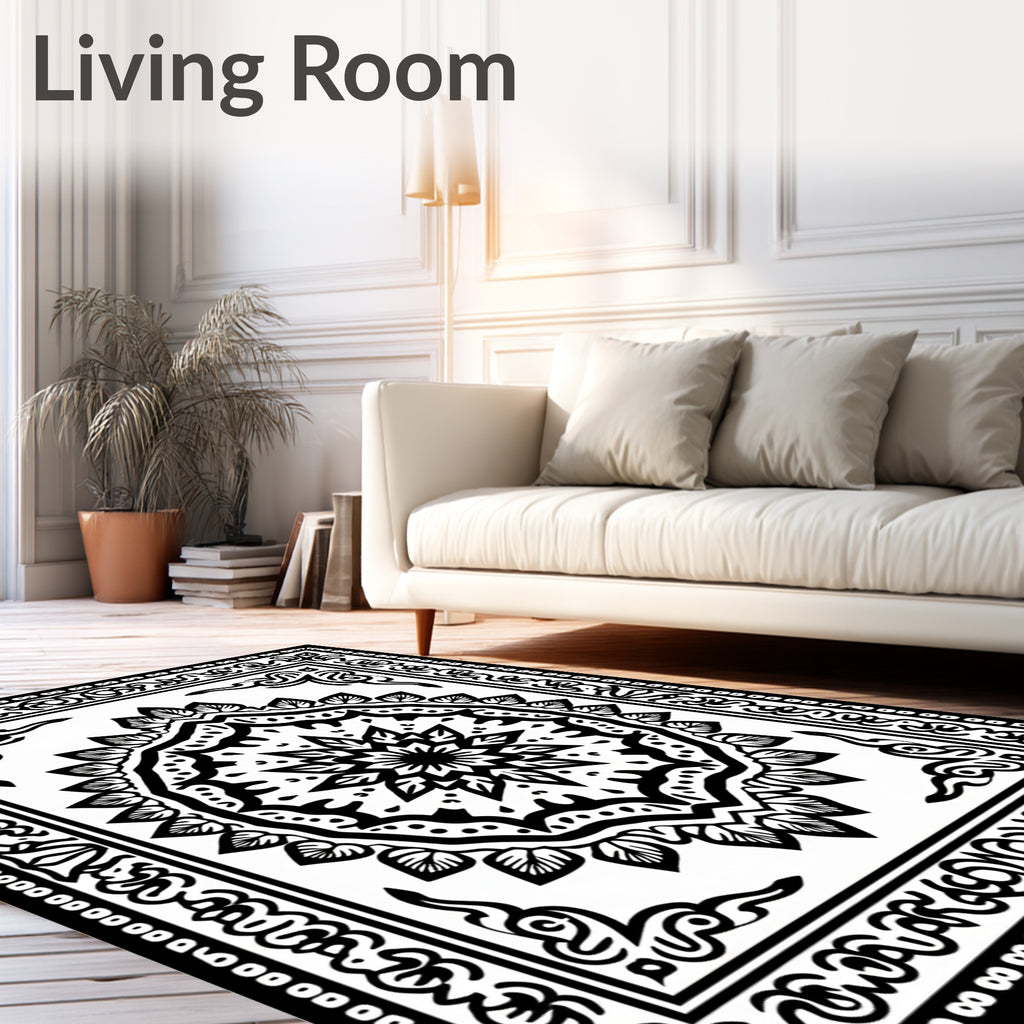 Black White Intricate Mandala Border Rug