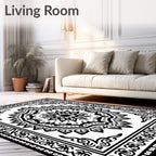 Black White Intricate Mandala Border Rug