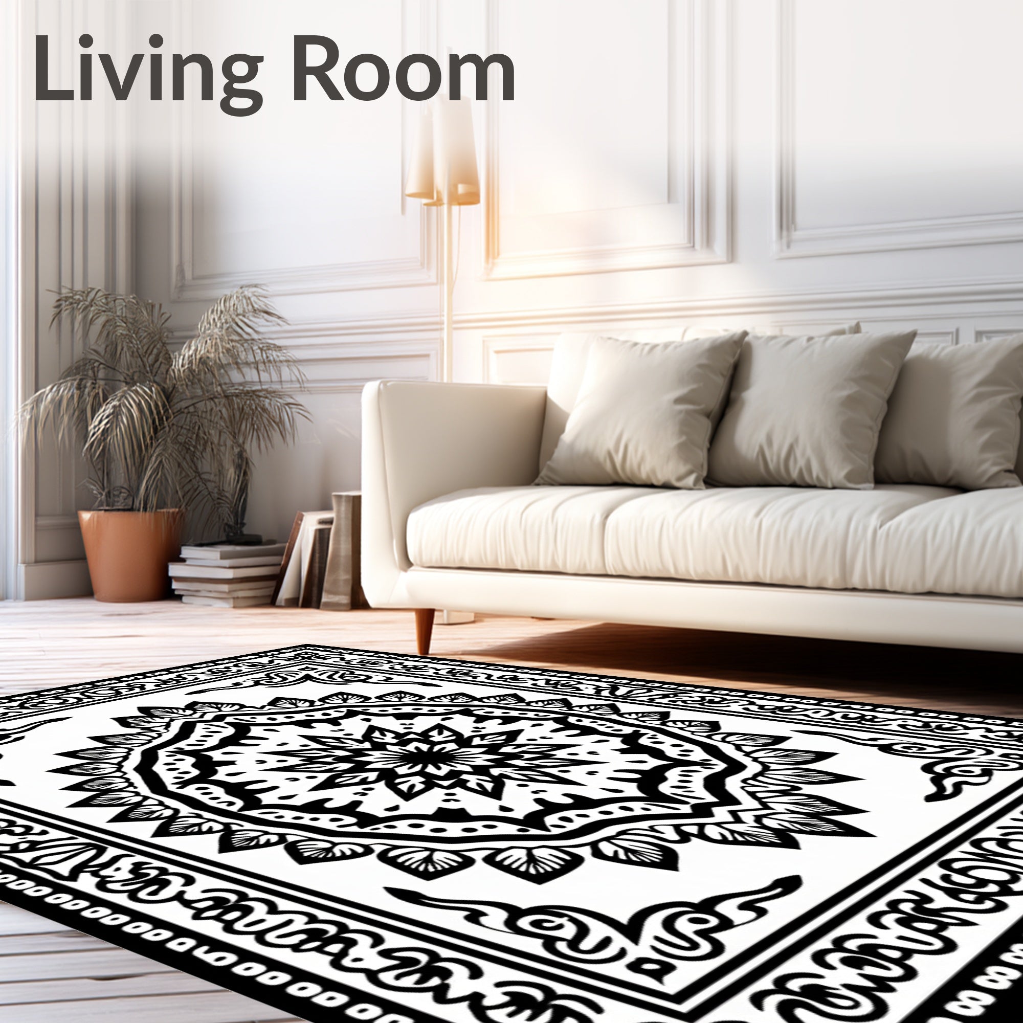 Black White Intricate Mandala Border Rug