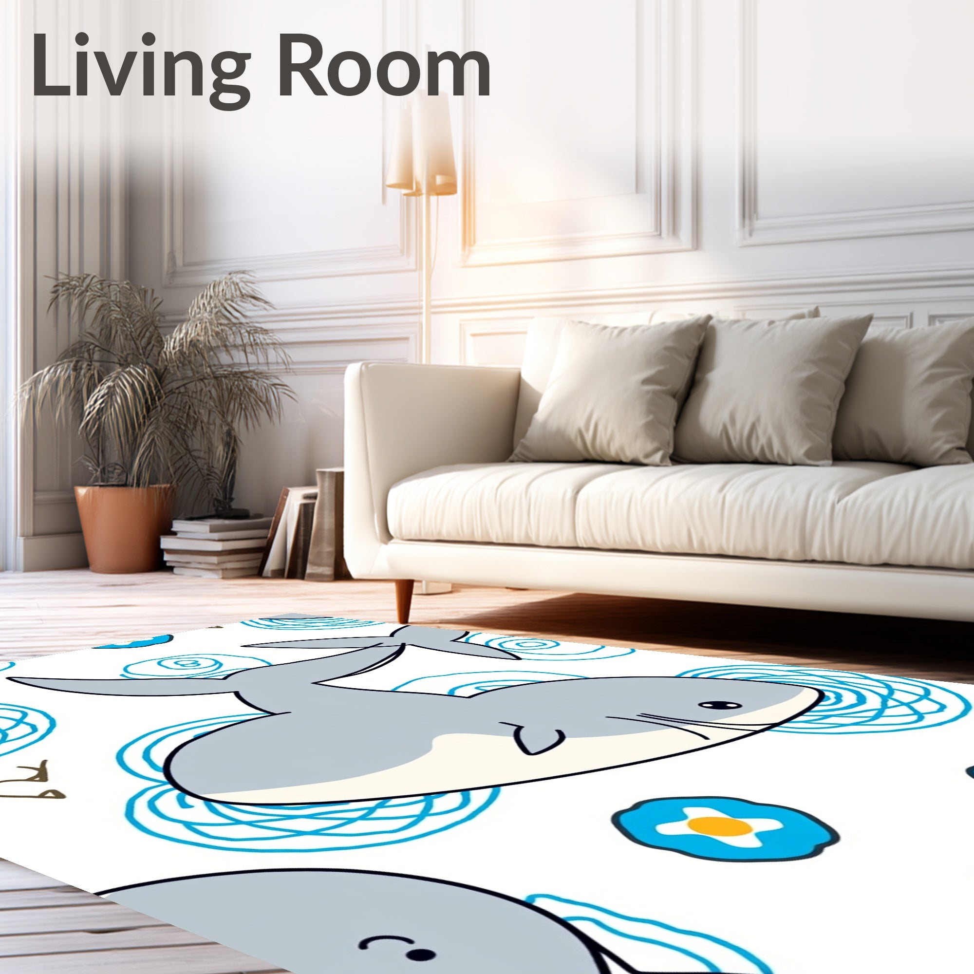 Gray Whales Blue Whirls Floral Accents Rug