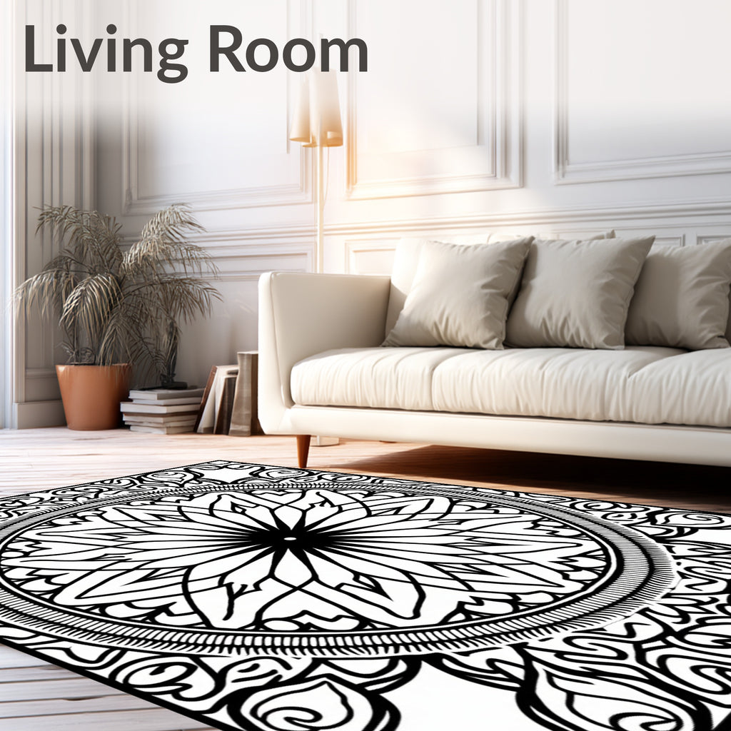 Black White Mandala Radial Floral Rug