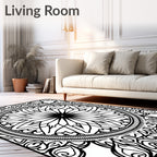 Black White Mandala Radial Floral Rug