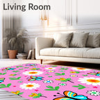 Whimsical Pink Butterfly Daisy Garden Rug