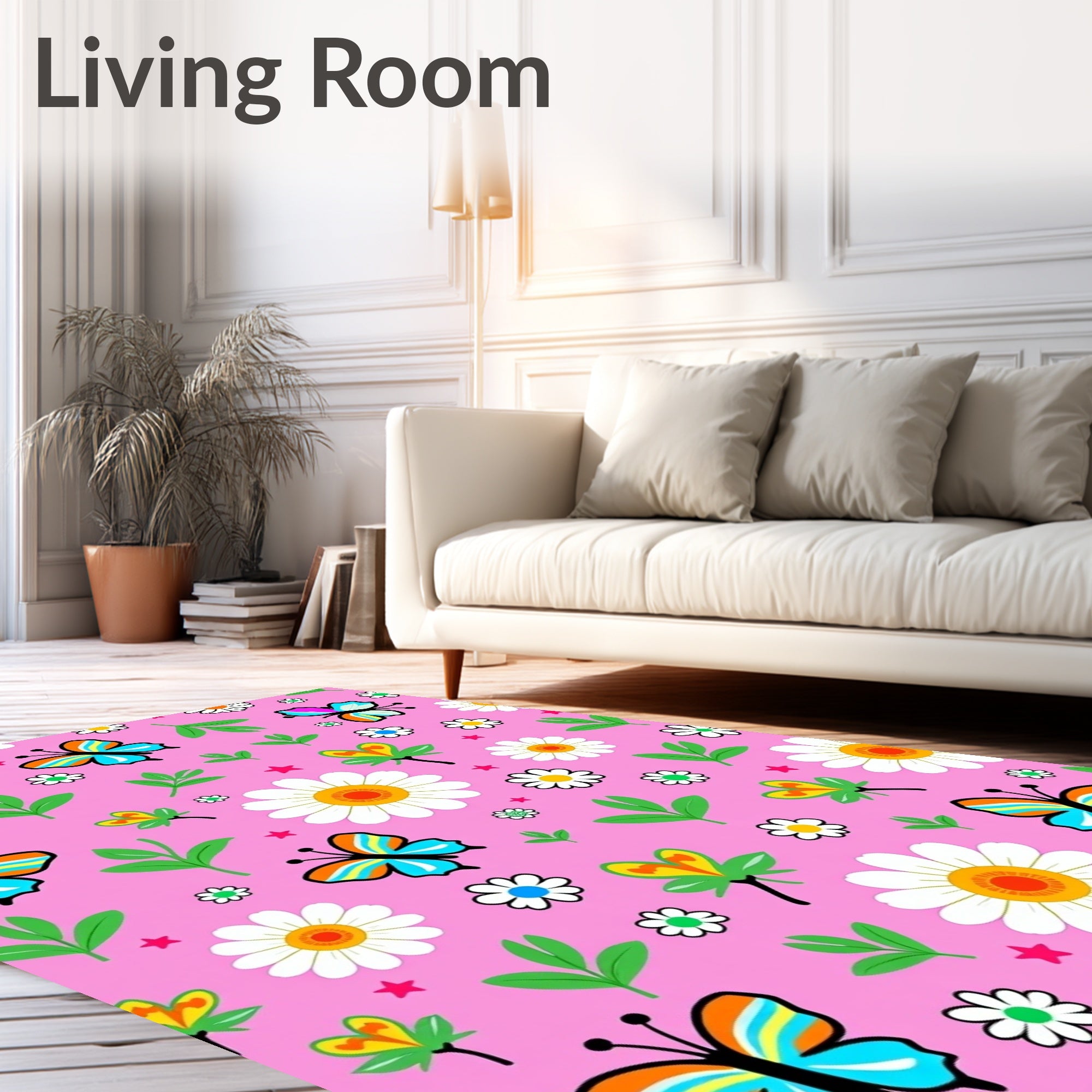 Whimsical Pink Butterfly Daisy Garden Rug