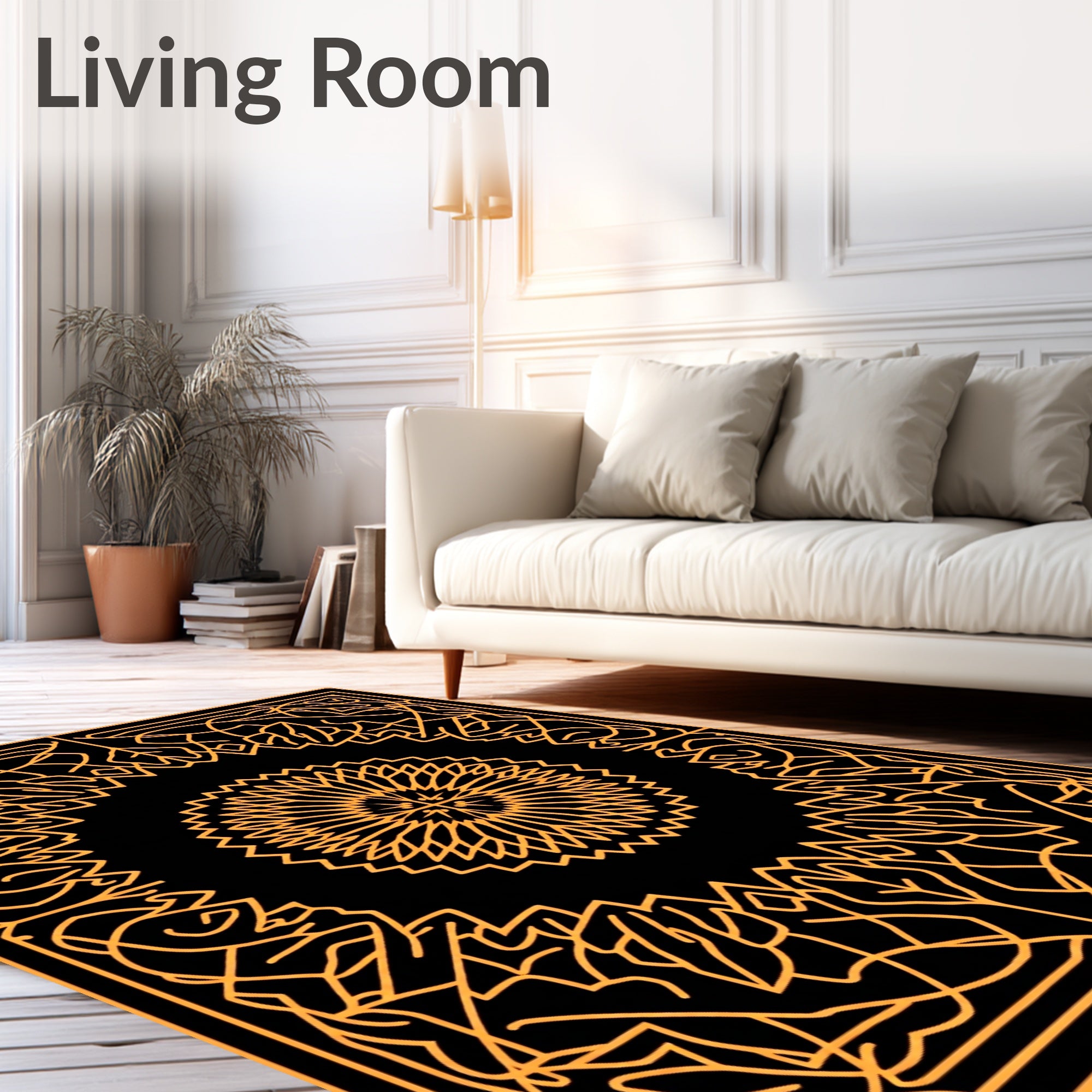 Orange Floral Sunburst Square Frame Rug