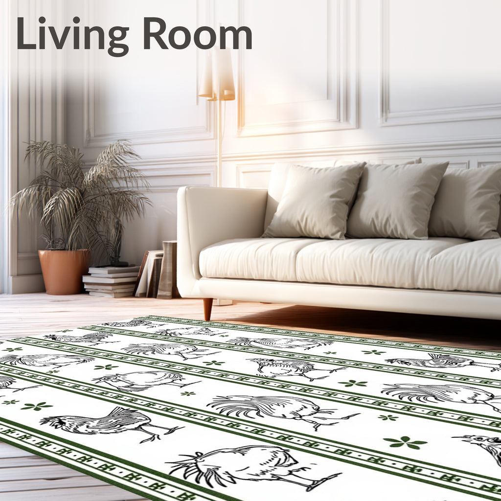 Farmhouse Black White Rooster Floral Stripes Rug