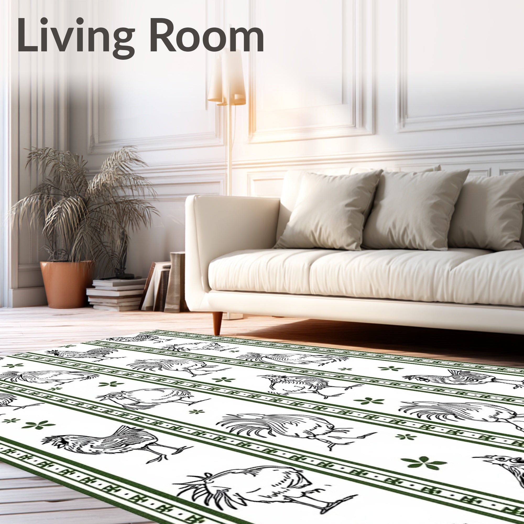 Farmhouse Black White Rooster Floral Stripes Rug