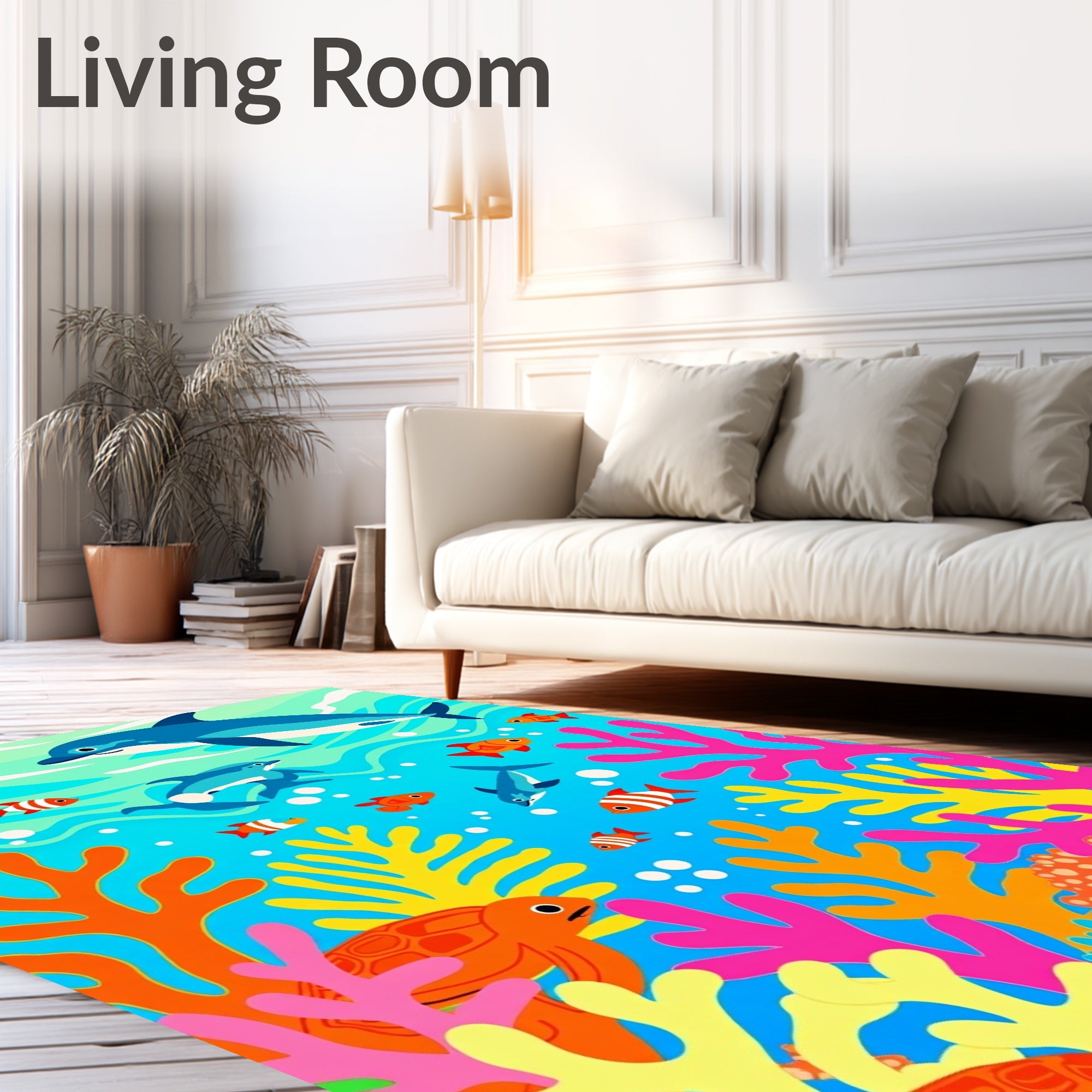 Vibrant Coral Reef Dolphin Scene Rug