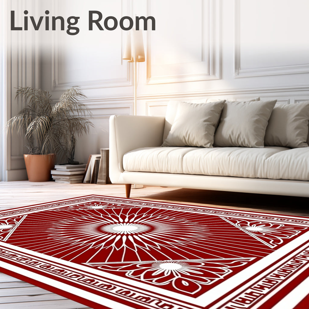 Crimson Floral Sunburst Bordered Rug