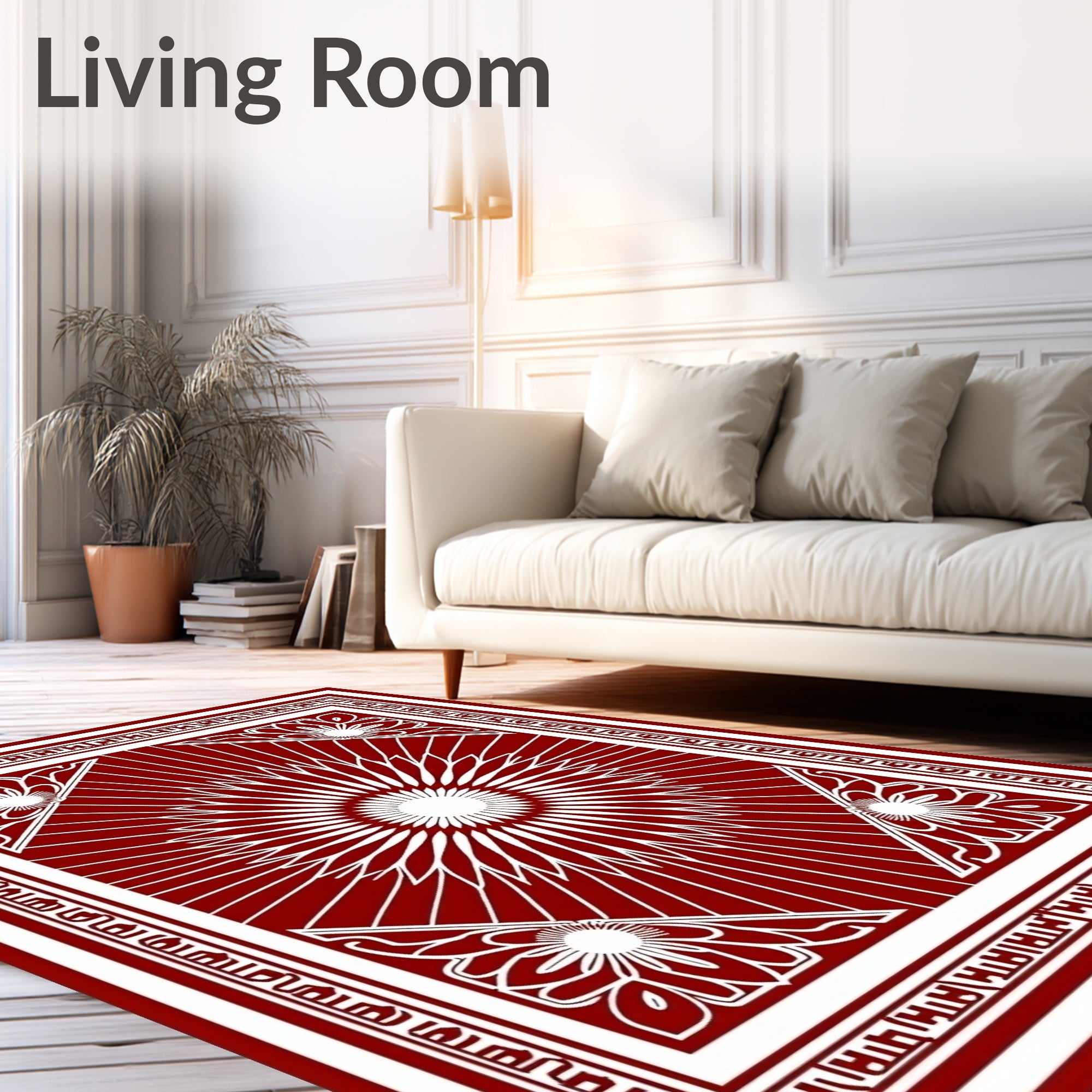 Crimson Floral Sunburst Bordered Rug