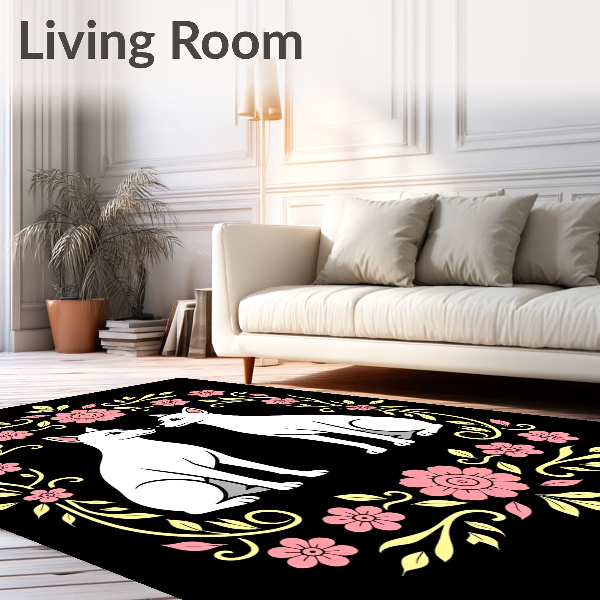 Pink Floral White Dogs Garland Rug