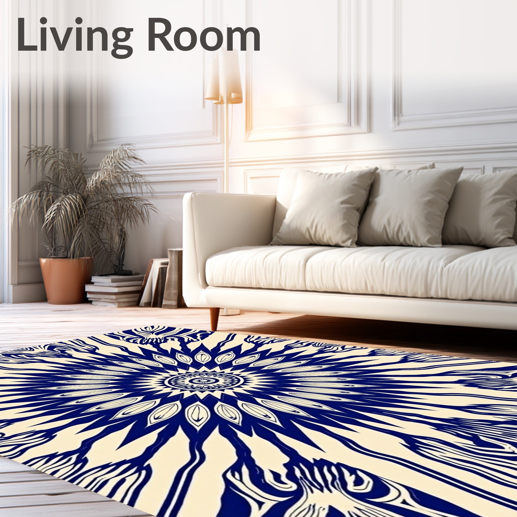 Deep Navy White Sunburst Medallion Rug