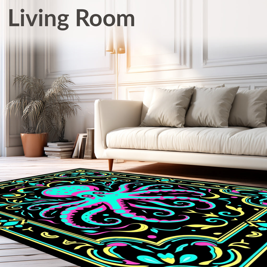 Vibrant Neon Octopus Floral Frame Rug