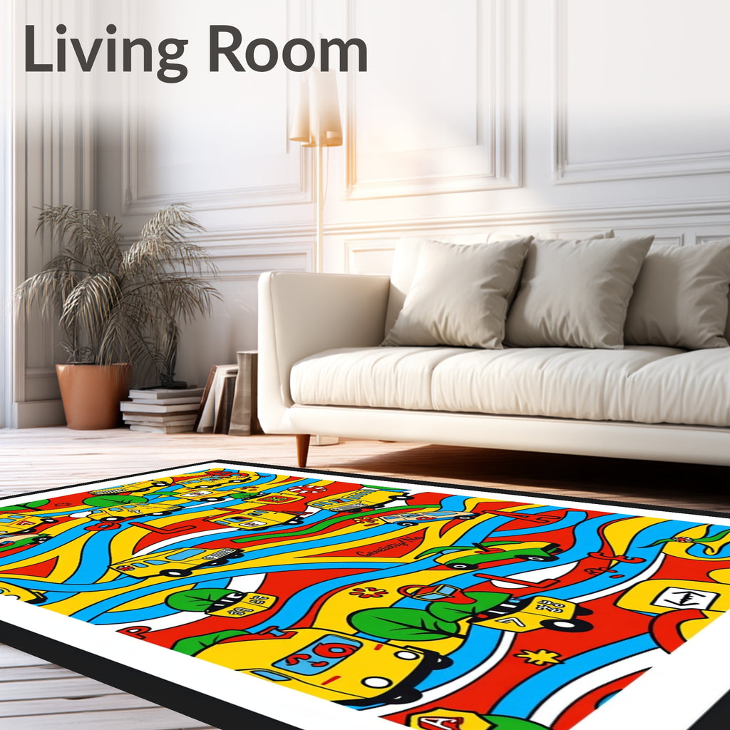 Whimsical Yellow Cars Winding Road Rug