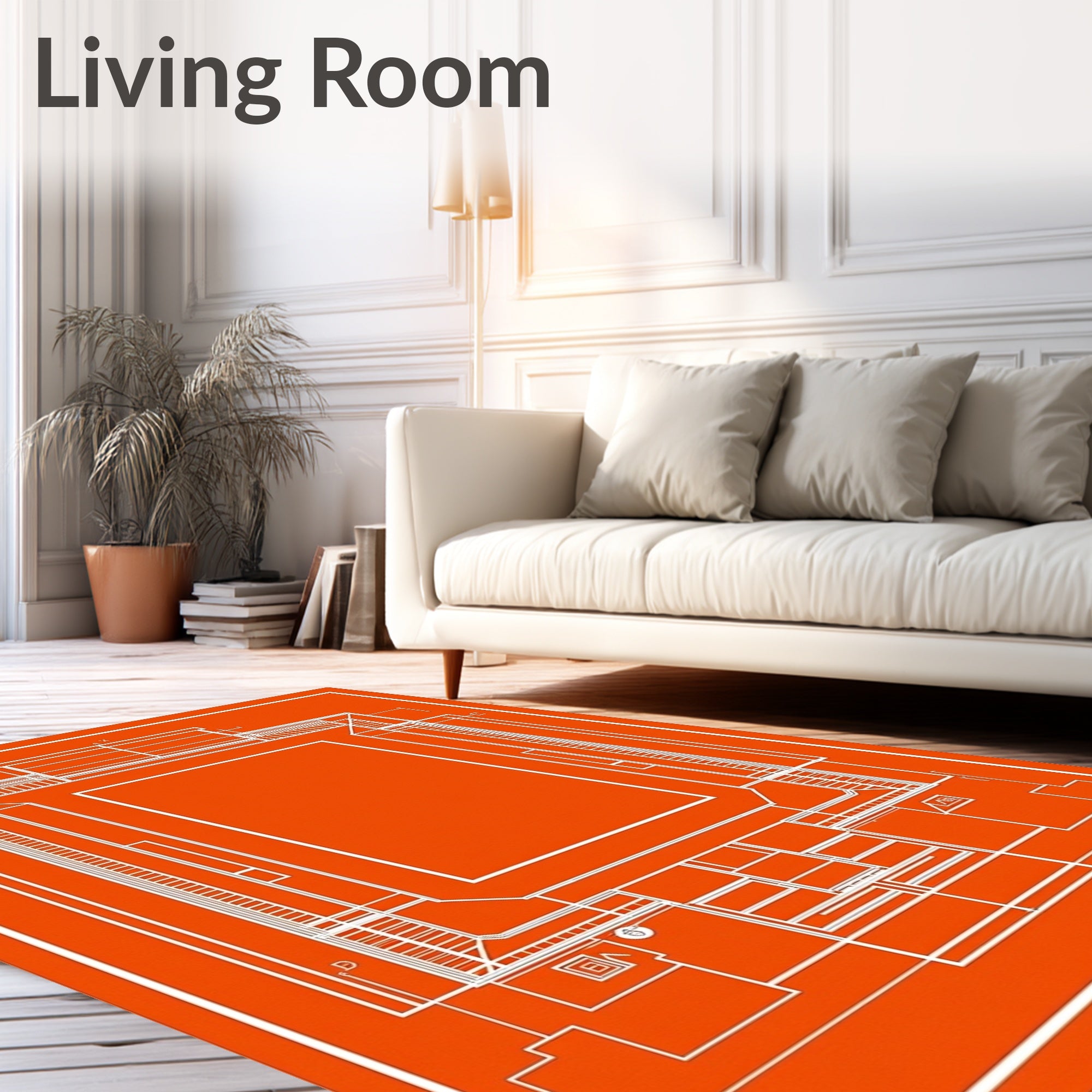Orange White Blueprint Architectural Outline Rug